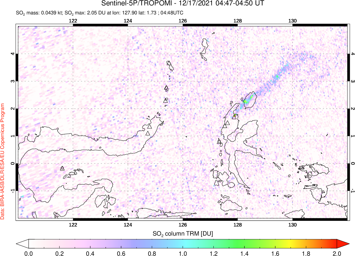 A sulfur dioxide image over Northern Sulawesi & Halmahera, Indonesia on Dec 17, 2021.