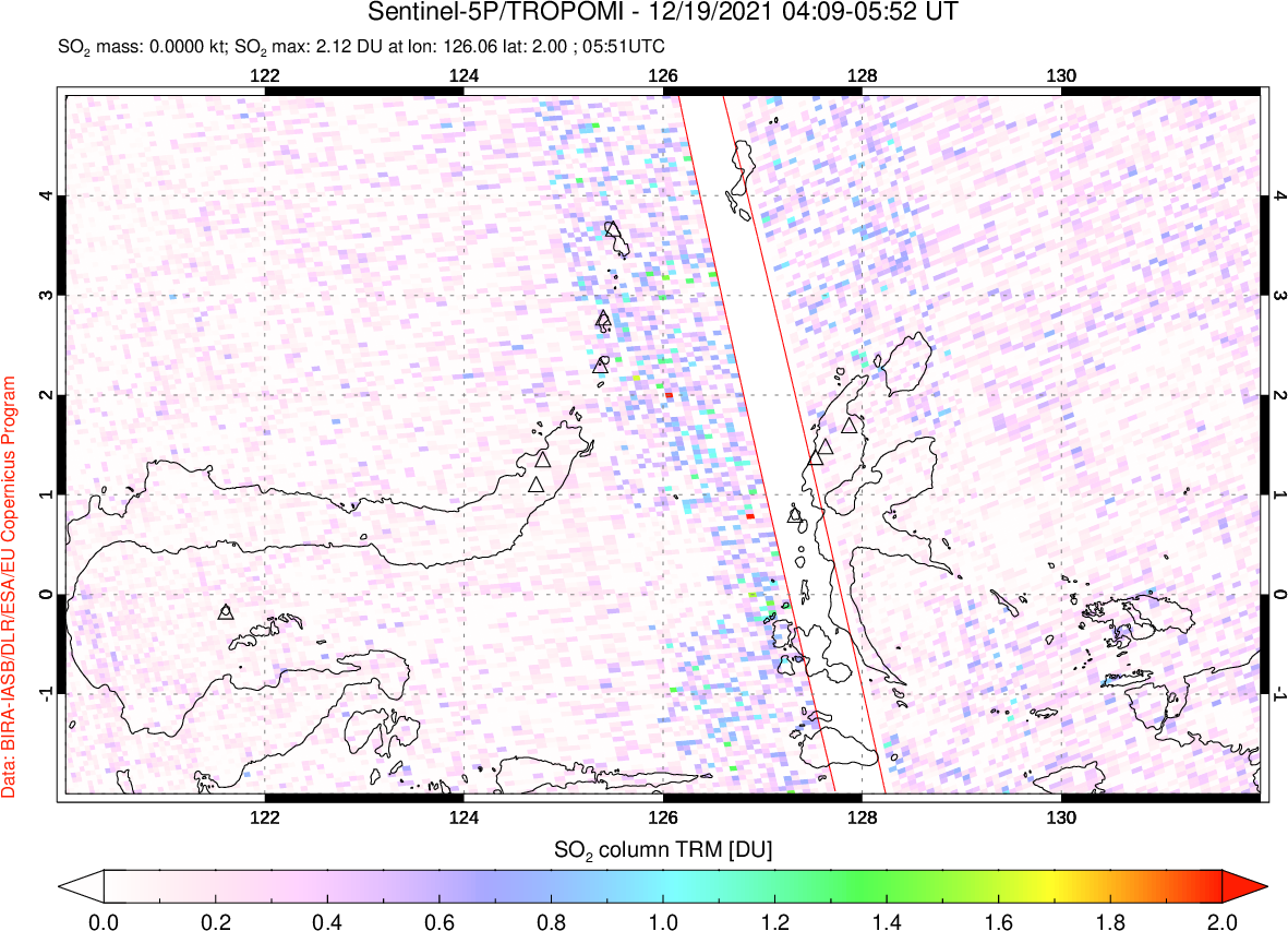 A sulfur dioxide image over Northern Sulawesi & Halmahera, Indonesia on Dec 19, 2021.
