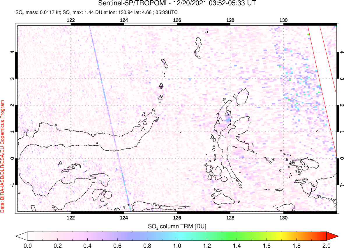 A sulfur dioxide image over Northern Sulawesi & Halmahera, Indonesia on Dec 20, 2021.