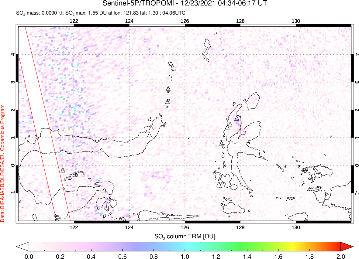 A sulfur dioxide image over Northern Sulawesi & Halmahera, Indonesia on Dec 23, 2021.