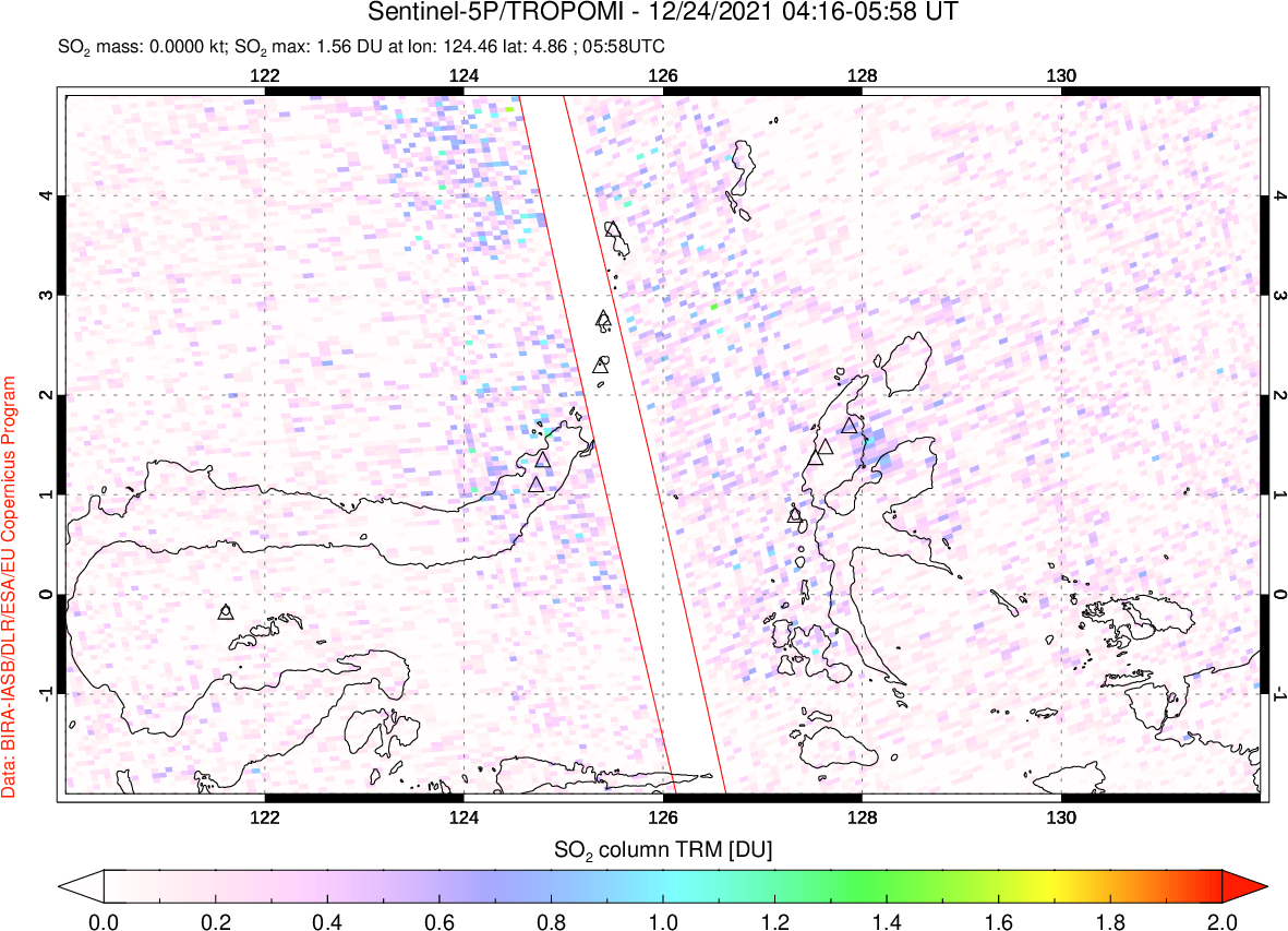 A sulfur dioxide image over Northern Sulawesi & Halmahera, Indonesia on Dec 24, 2021.