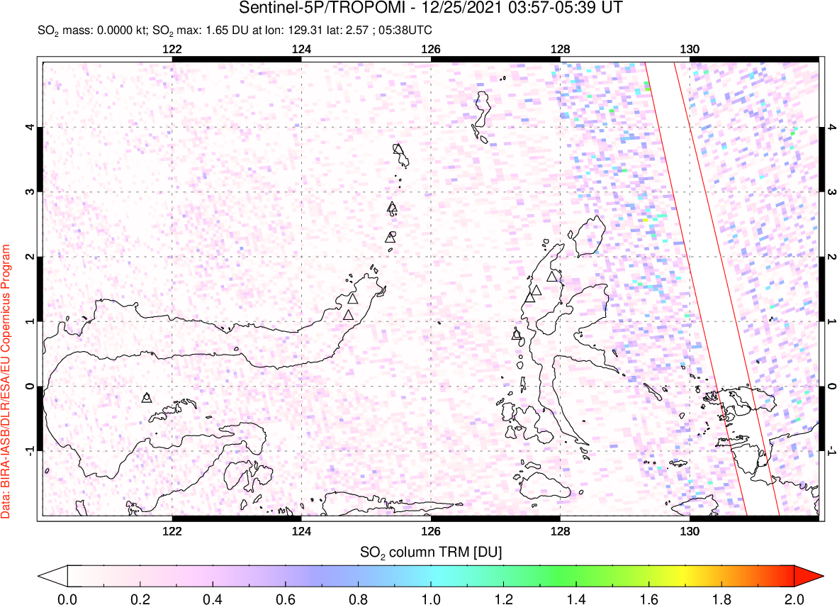 A sulfur dioxide image over Northern Sulawesi & Halmahera, Indonesia on Dec 25, 2021.