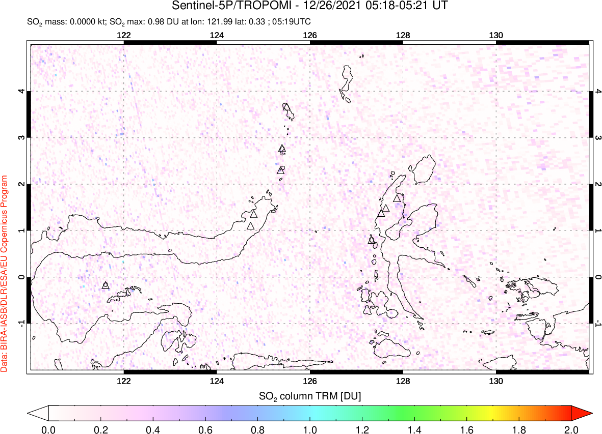 A sulfur dioxide image over Northern Sulawesi & Halmahera, Indonesia on Dec 26, 2021.