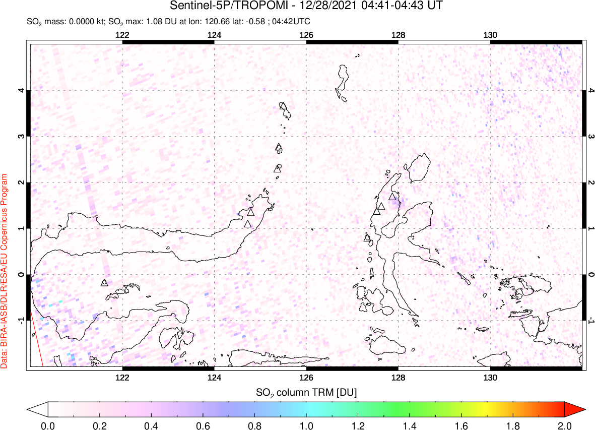 A sulfur dioxide image over Northern Sulawesi & Halmahera, Indonesia on Dec 28, 2021.