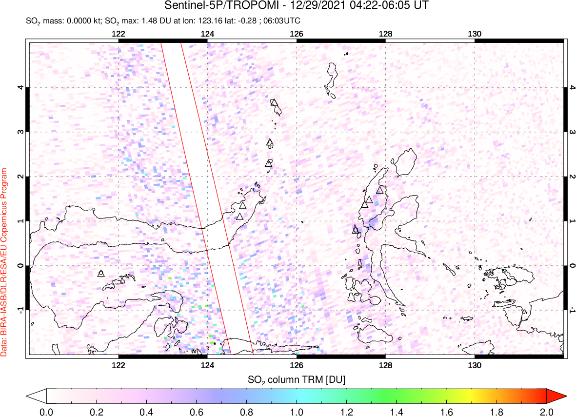 A sulfur dioxide image over Northern Sulawesi & Halmahera, Indonesia on Dec 29, 2021.