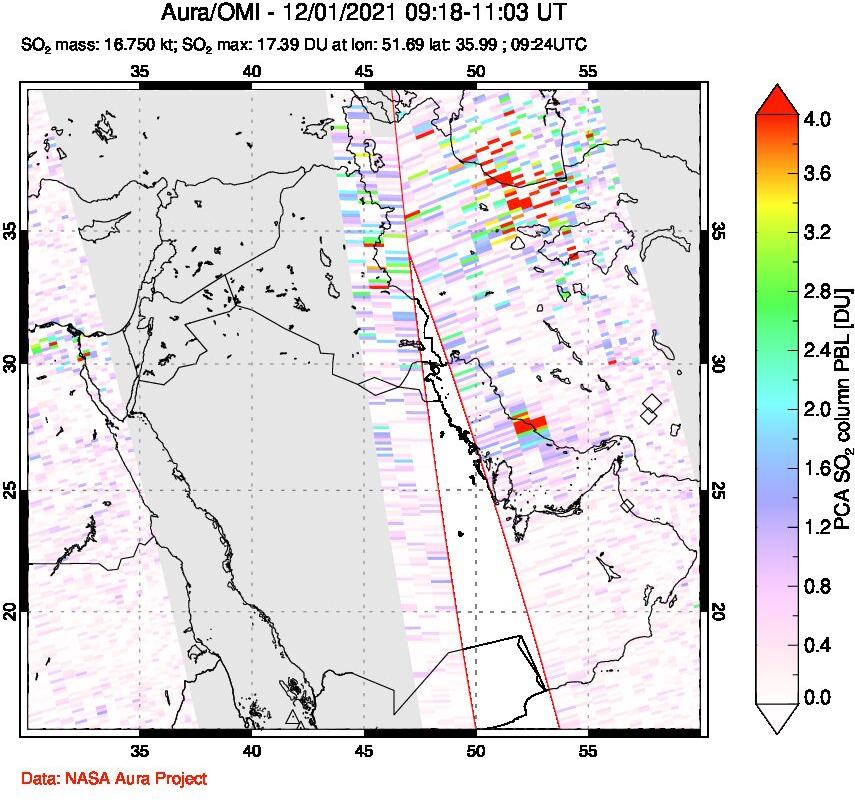 A sulfur dioxide image over Middle East on Dec 01, 2021.