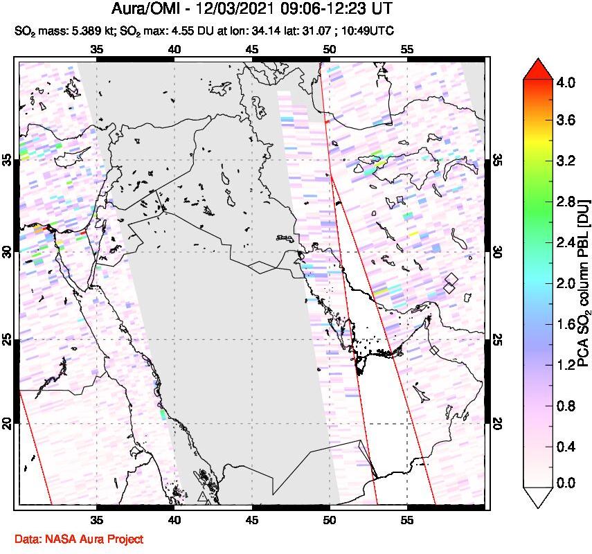 A sulfur dioxide image over Middle East on Dec 03, 2021.
