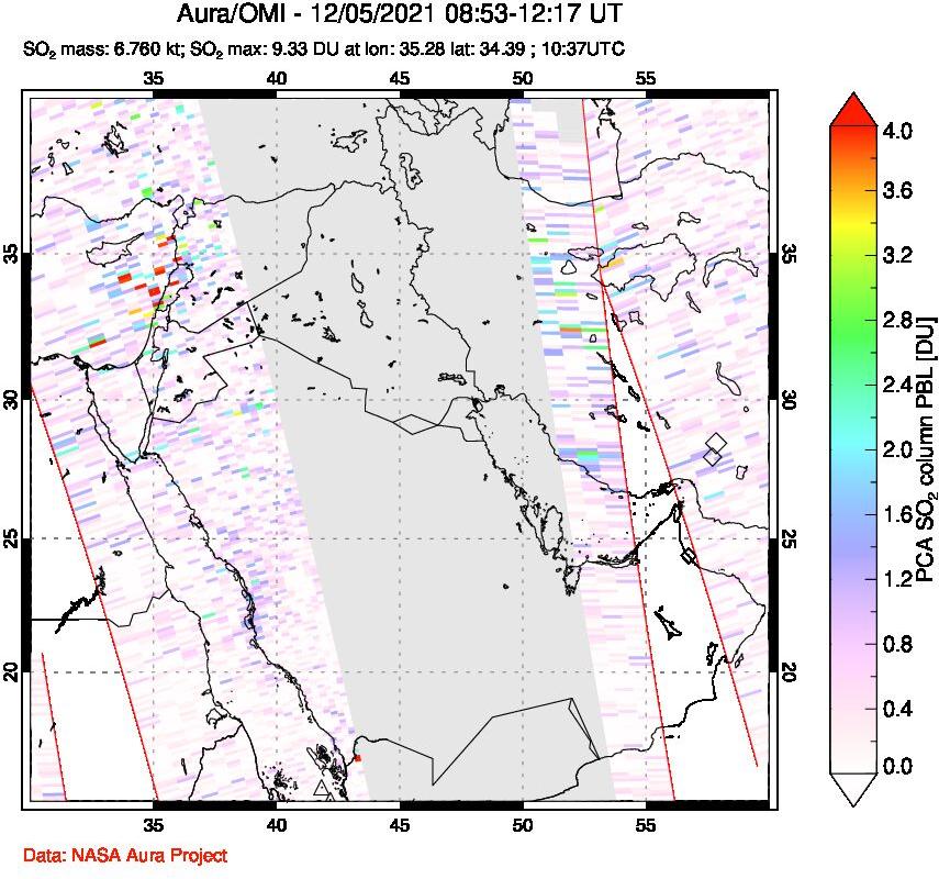 A sulfur dioxide image over Middle East on Dec 05, 2021.