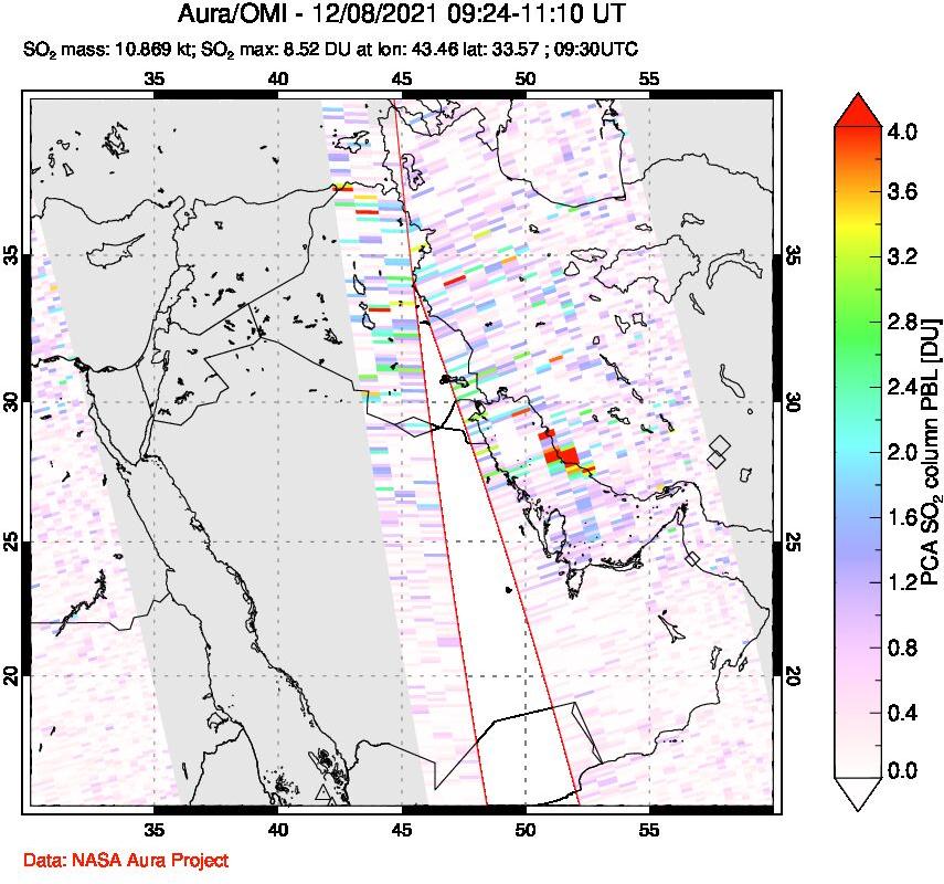 A sulfur dioxide image over Middle East on Dec 08, 2021.