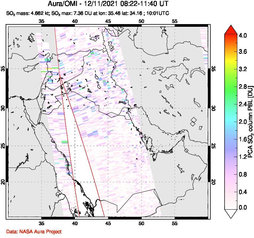A sulfur dioxide image over Middle East on Dec 11, 2021.
