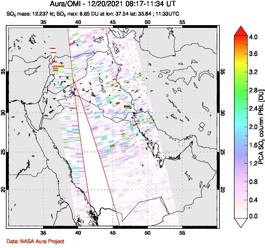 A sulfur dioxide image over Middle East on Dec 20, 2021.