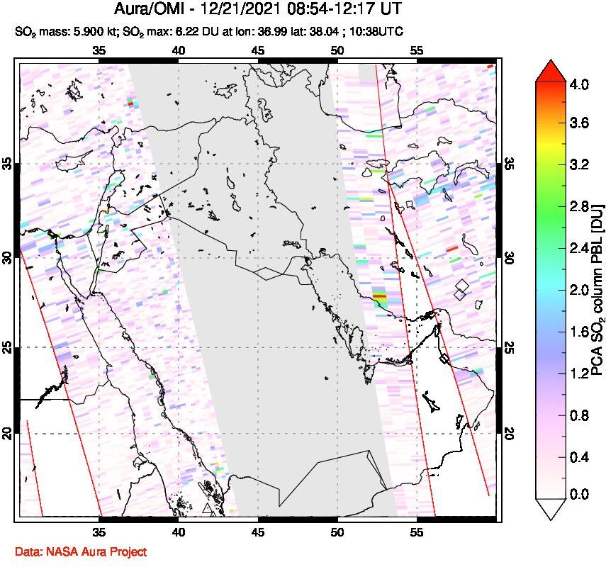 A sulfur dioxide image over Middle East on Dec 21, 2021.