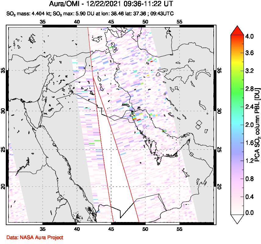 A sulfur dioxide image over Middle East on Dec 22, 2021.
