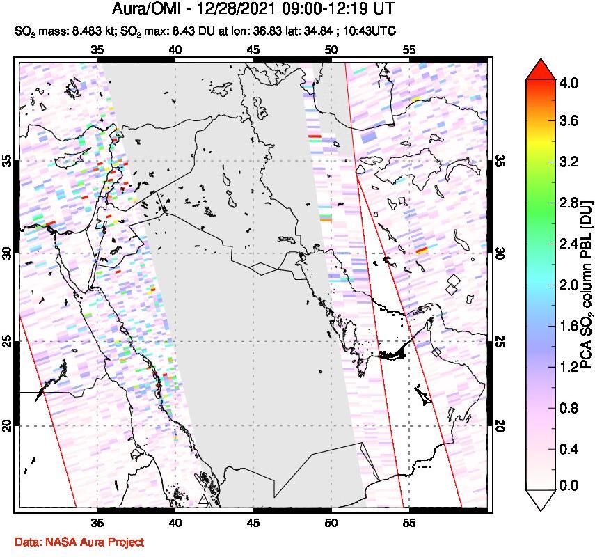 A sulfur dioxide image over Middle East on Dec 28, 2021.