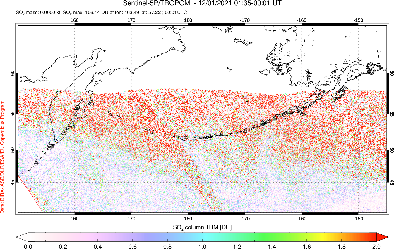 A sulfur dioxide image over North Pacific on Dec 01, 2021.