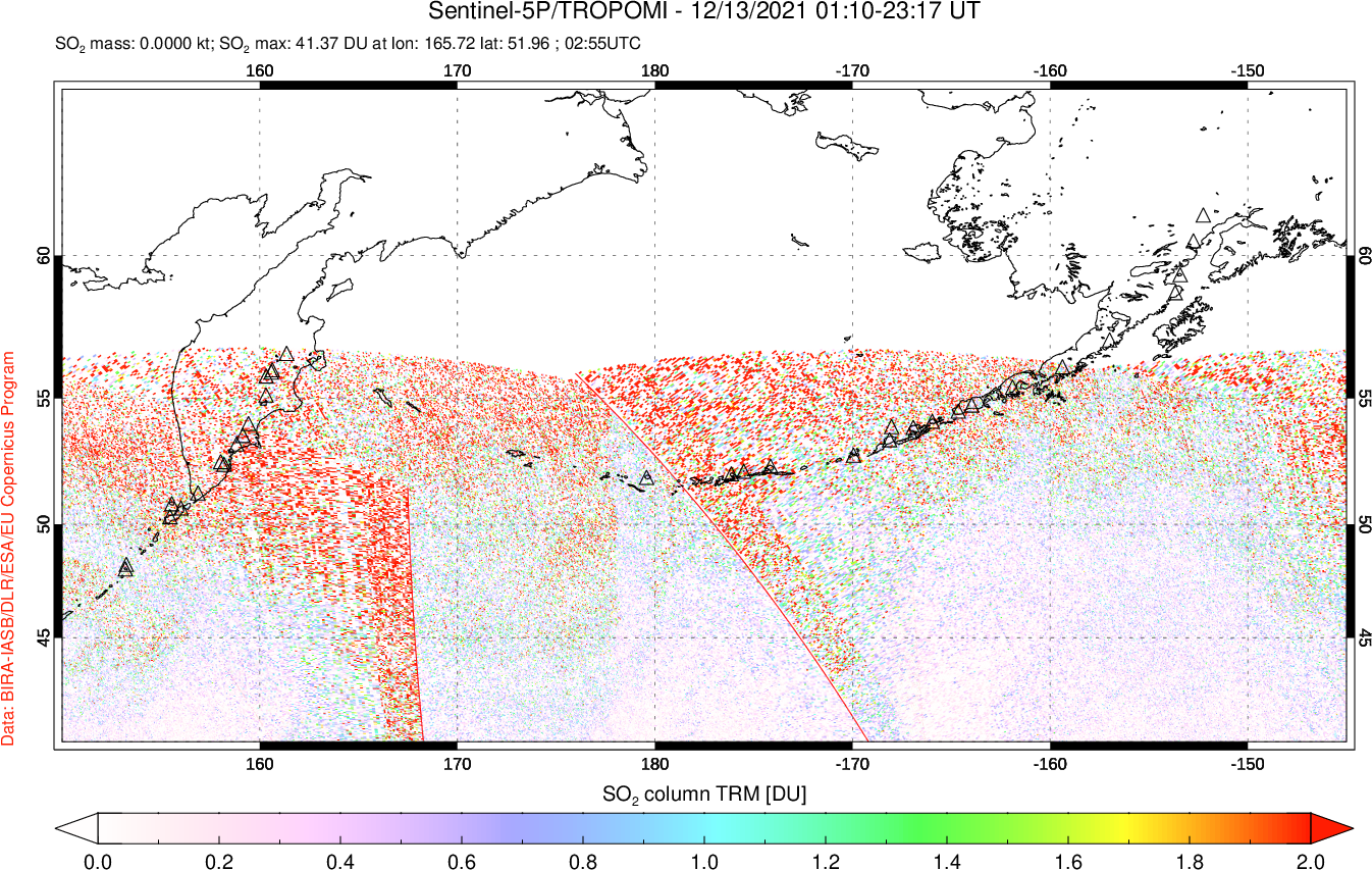 A sulfur dioxide image over North Pacific on Dec 13, 2021.