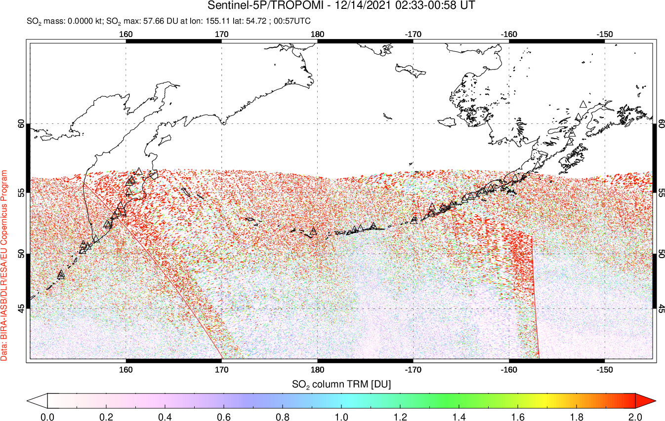A sulfur dioxide image over North Pacific on Dec 14, 2021.