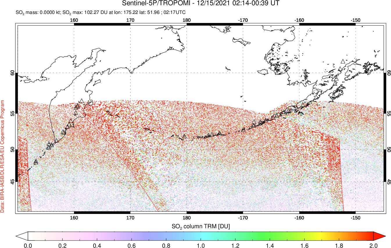 A sulfur dioxide image over North Pacific on Dec 15, 2021.