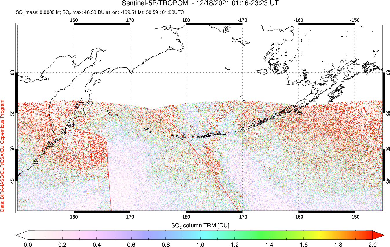 A sulfur dioxide image over North Pacific on Dec 18, 2021.