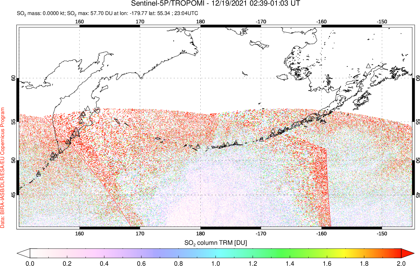 A sulfur dioxide image over North Pacific on Dec 19, 2021.