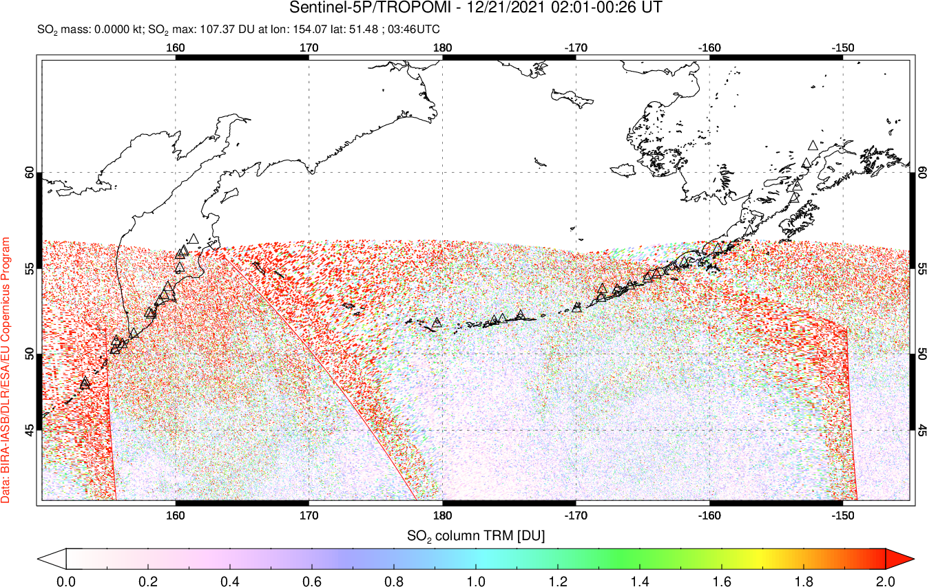 A sulfur dioxide image over North Pacific on Dec 21, 2021.