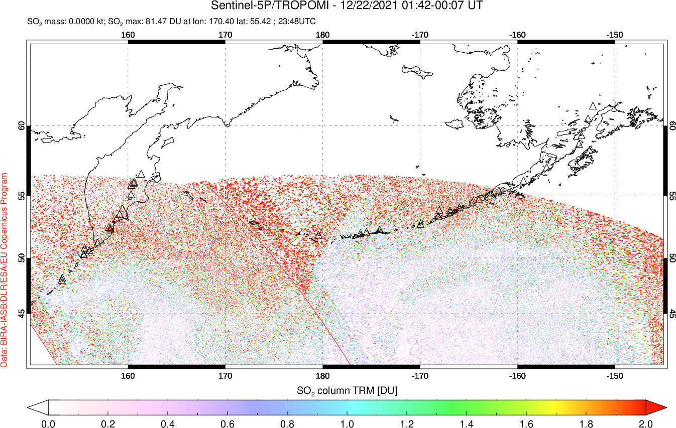 A sulfur dioxide image over North Pacific on Dec 22, 2021.