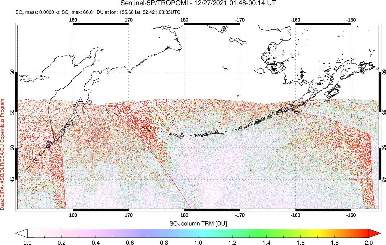A sulfur dioxide image over North Pacific on Dec 27, 2021.