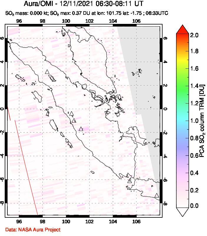 A sulfur dioxide image over Sumatra, Indonesia on Dec 11, 2021.