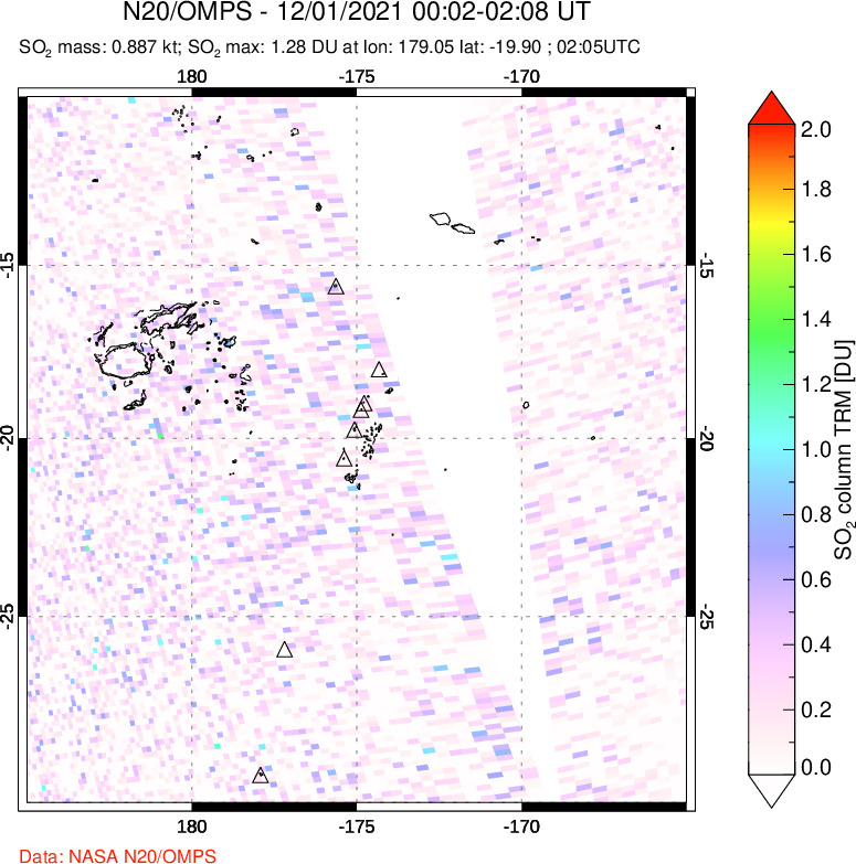 A sulfur dioxide image over Tonga, South Pacific on Dec 01, 2021.