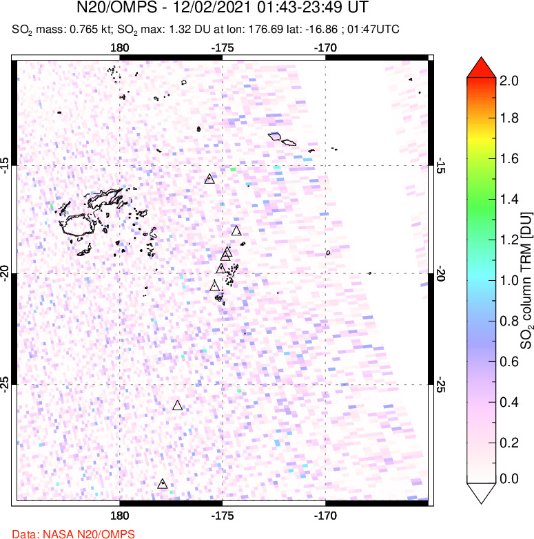 A sulfur dioxide image over Tonga, South Pacific on Dec 02, 2021.