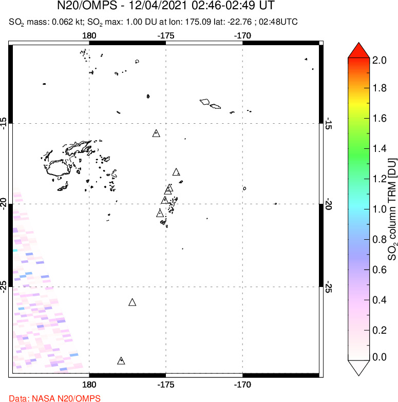 A sulfur dioxide image over Tonga, South Pacific on Dec 04, 2021.