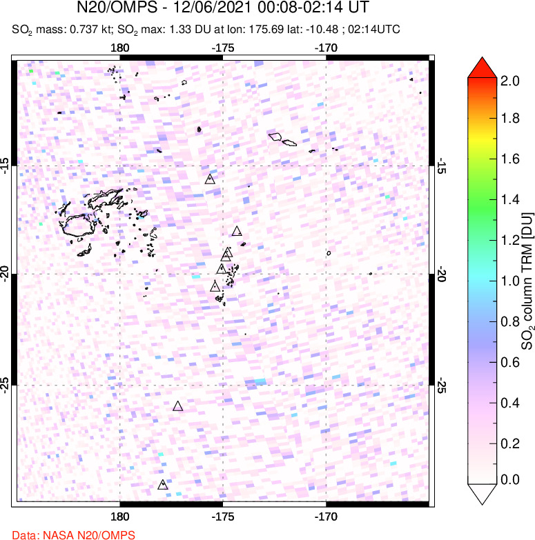 A sulfur dioxide image over Tonga, South Pacific on Dec 06, 2021.