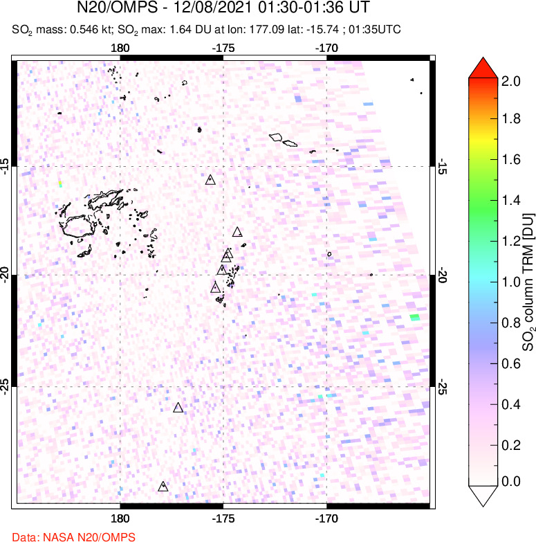 A sulfur dioxide image over Tonga, South Pacific on Dec 08, 2021.