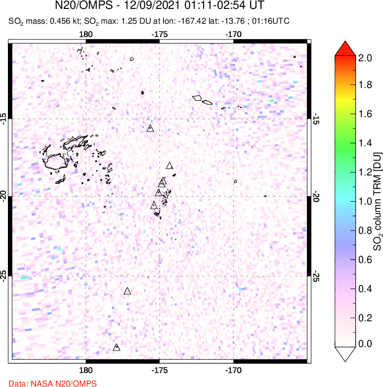 A sulfur dioxide image over Tonga, South Pacific on Dec 09, 2021.