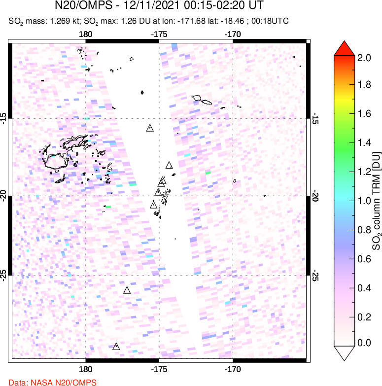 A sulfur dioxide image over Tonga, South Pacific on Dec 11, 2021.