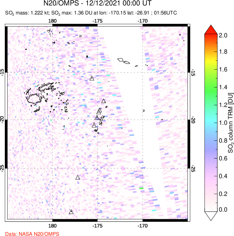 A sulfur dioxide image over Tonga, South Pacific on Dec 12, 2021.