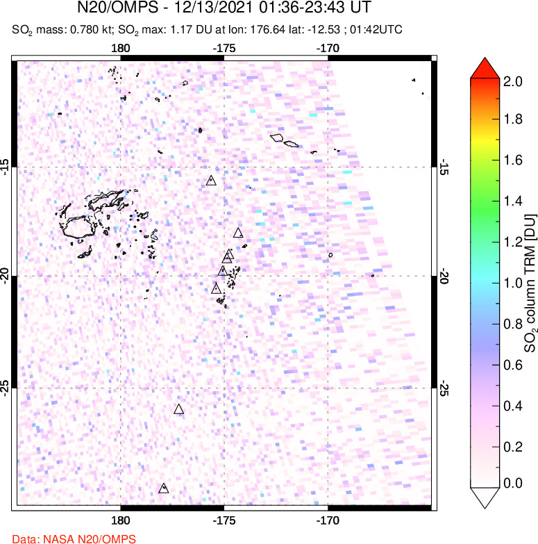 A sulfur dioxide image over Tonga, South Pacific on Dec 13, 2021.
