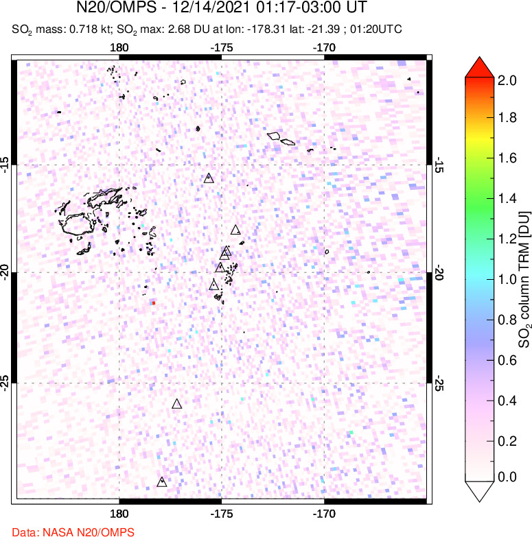 A sulfur dioxide image over Tonga, South Pacific on Dec 14, 2021.