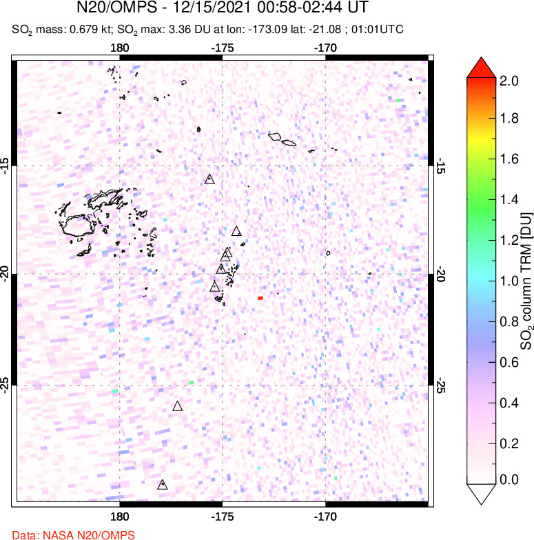 A sulfur dioxide image over Tonga, South Pacific on Dec 15, 2021.