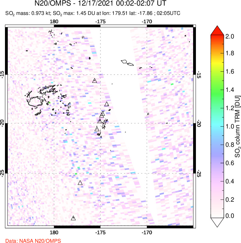 A sulfur dioxide image over Tonga, South Pacific on Dec 17, 2021.