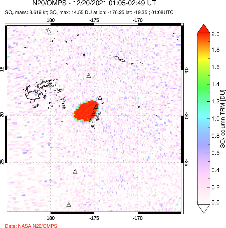 A sulfur dioxide image over Tonga, South Pacific on Dec 20, 2021.