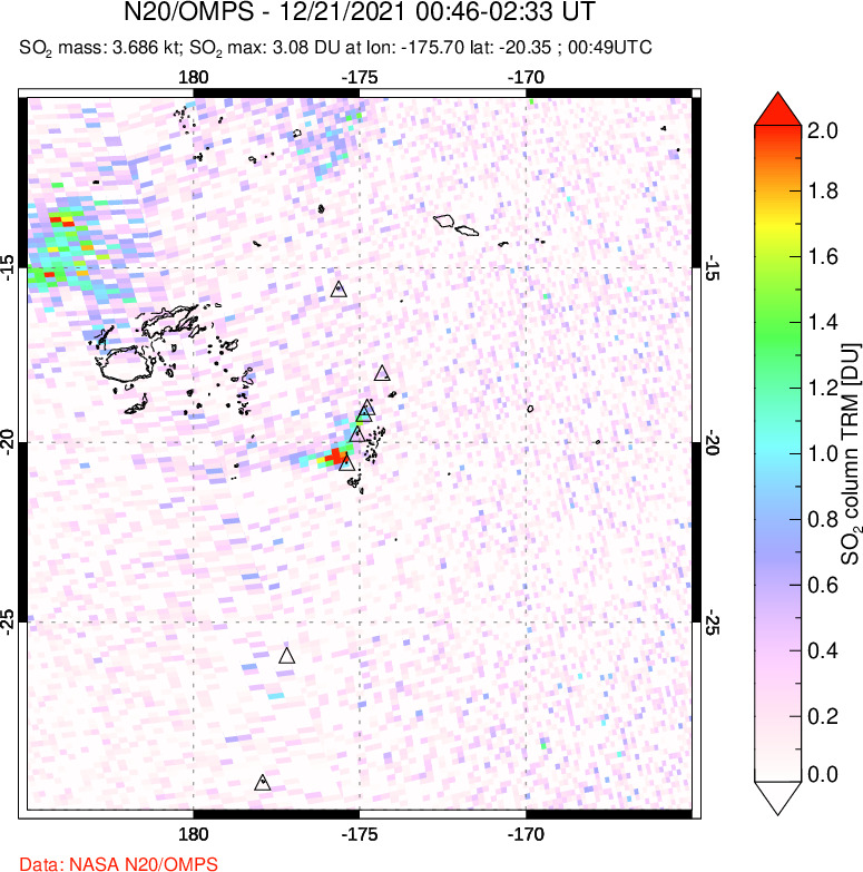 A sulfur dioxide image over Tonga, South Pacific on Dec 21, 2021.