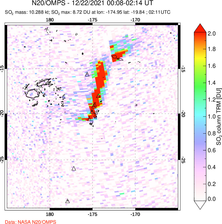A sulfur dioxide image over Tonga, South Pacific on Dec 22, 2021.