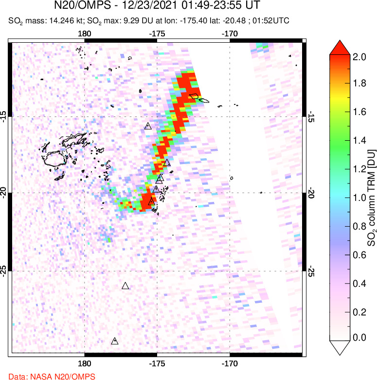 A sulfur dioxide image over Tonga, South Pacific on Dec 23, 2021.