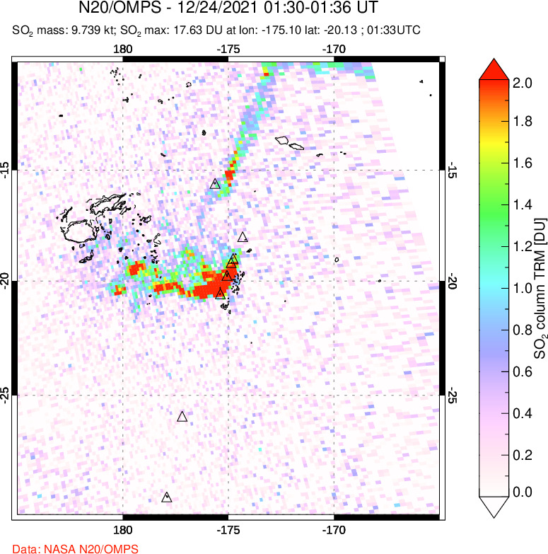 A sulfur dioxide image over Tonga, South Pacific on Dec 24, 2021.