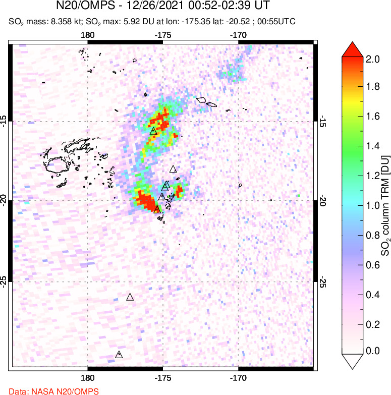 A sulfur dioxide image over Tonga, South Pacific on Dec 26, 2021.