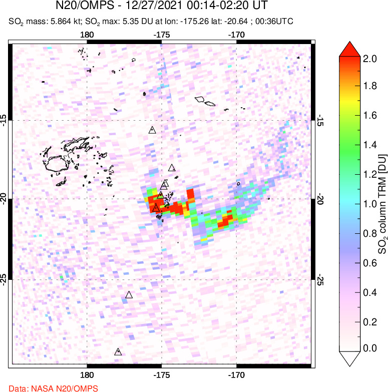 A sulfur dioxide image over Tonga, South Pacific on Dec 27, 2021.