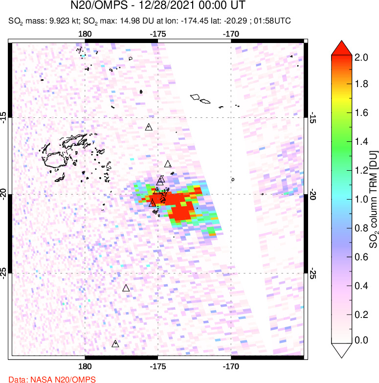 A sulfur dioxide image over Tonga, South Pacific on Dec 28, 2021.