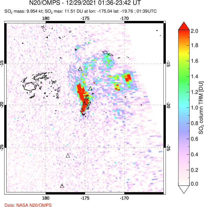 A sulfur dioxide image over Tonga, South Pacific on Dec 29, 2021.