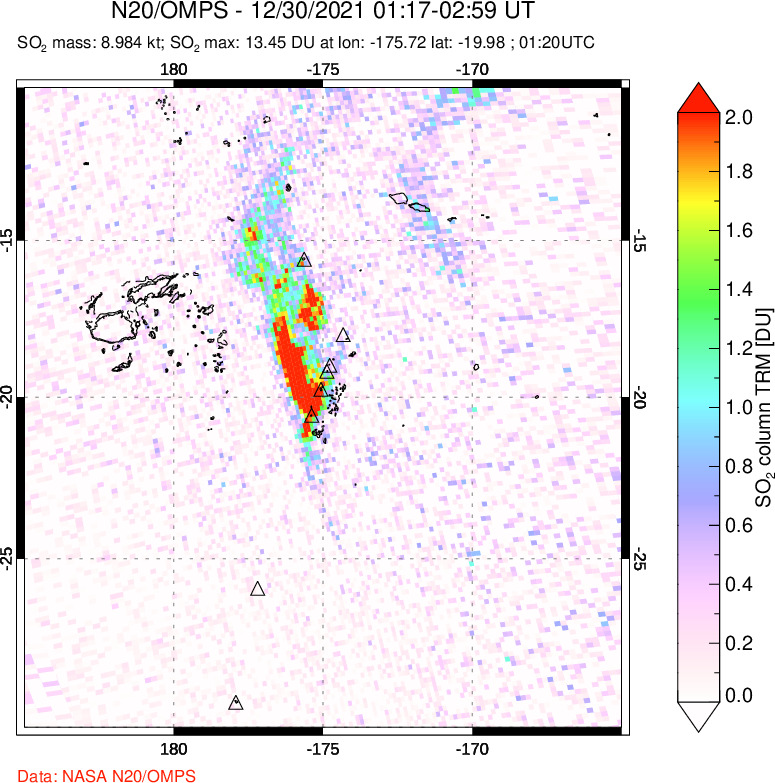 A sulfur dioxide image over Tonga, South Pacific on Dec 30, 2021.